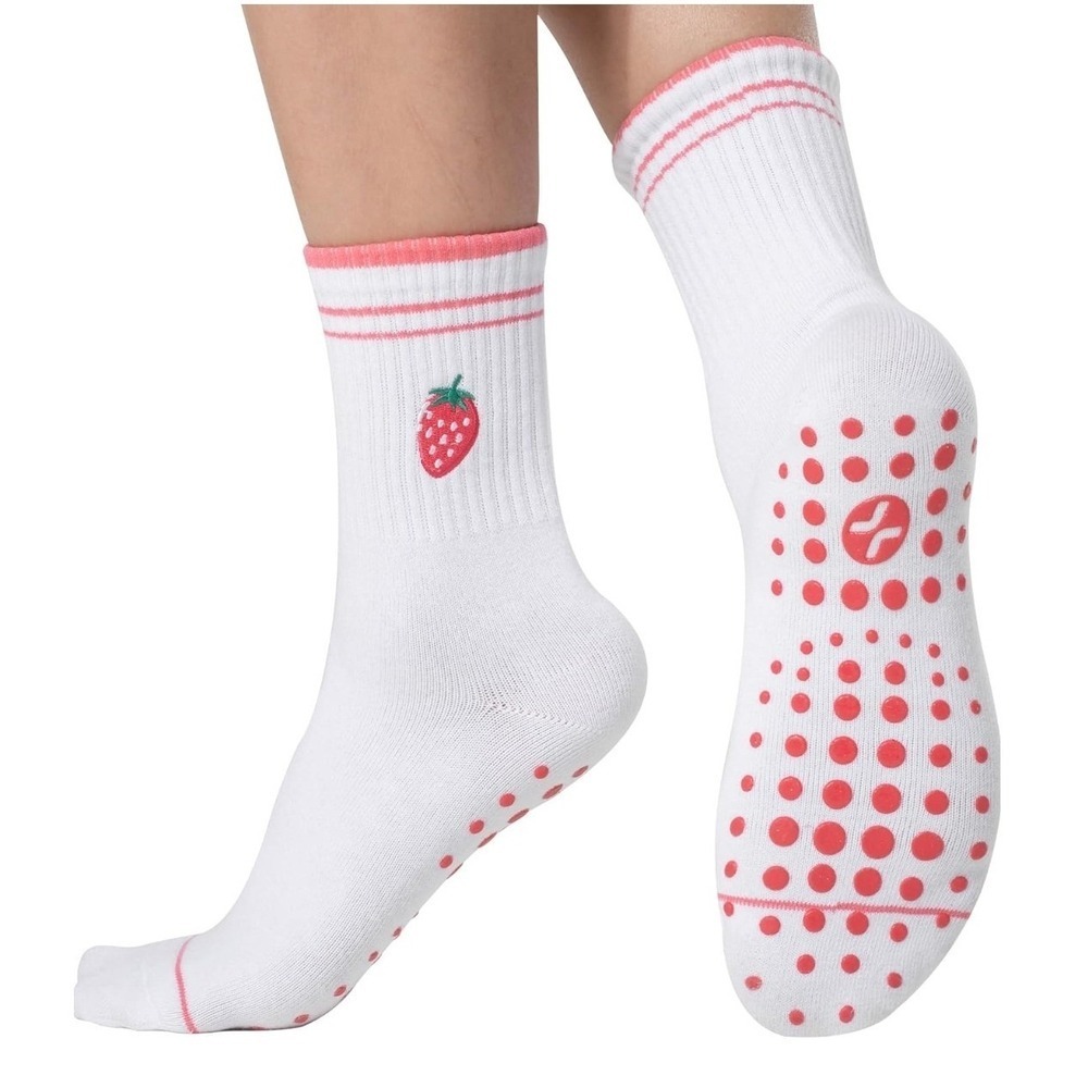 Coolmate Strawberry‎ Embroidered Yoga Pilates Grip Socks White Pink OS 6-10